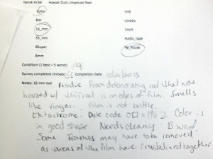 My notations for the condition survey for the 16mm film.